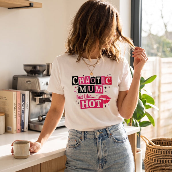 Kiksy white cotton slogan t-shirt featuring Chaotic Mum but like Hot graphic print styled with jeans.