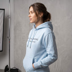 Kiksy sky blue organic cotton hoodie for women featuring gentle parenting slogan printed on left.