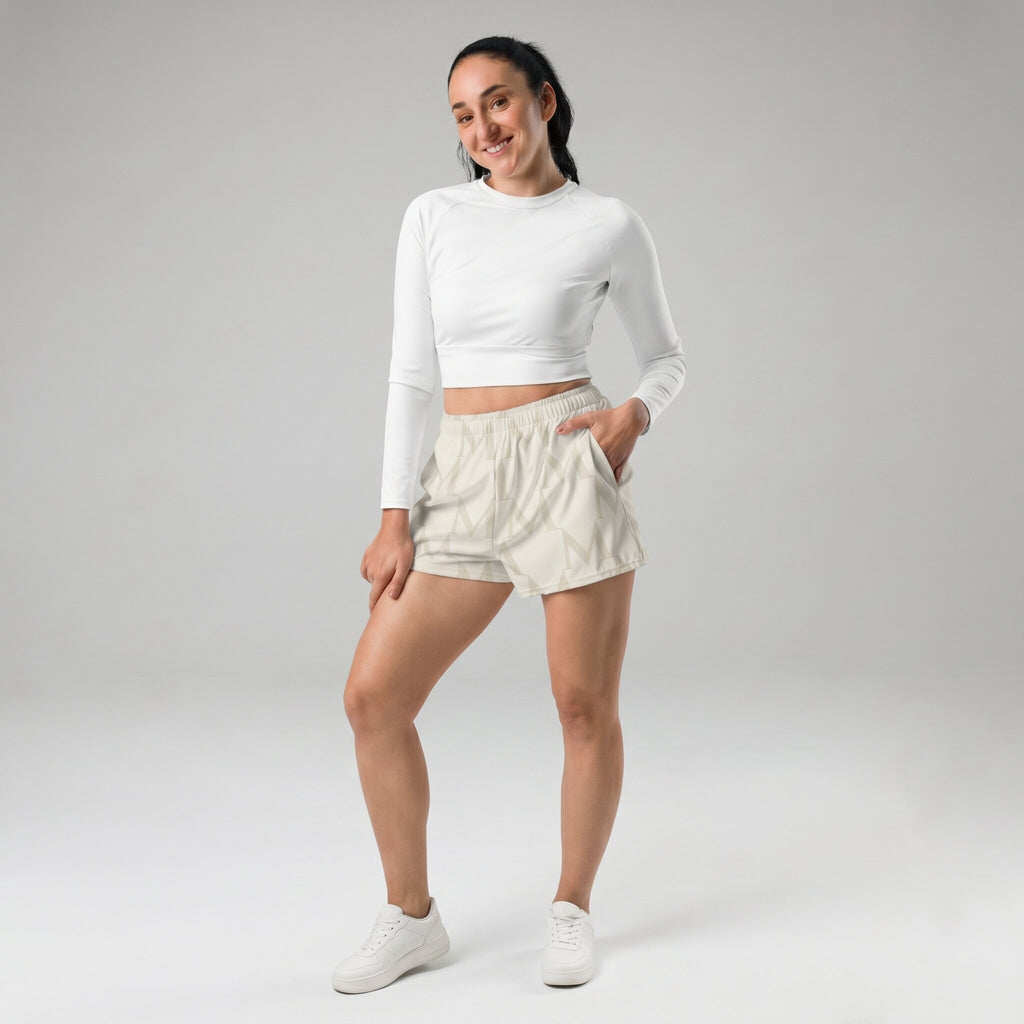 Kiksy cream monogram women's running shorts with an M pattern