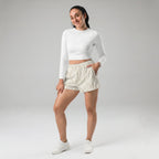 Kiksy cream monogram women's running shorts with an M pattern