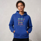 Kiksy royal blue mom hoodie featuring the print Evolution of Motherhood Mama Mommy Mom Bruh on soft fleece fabric.