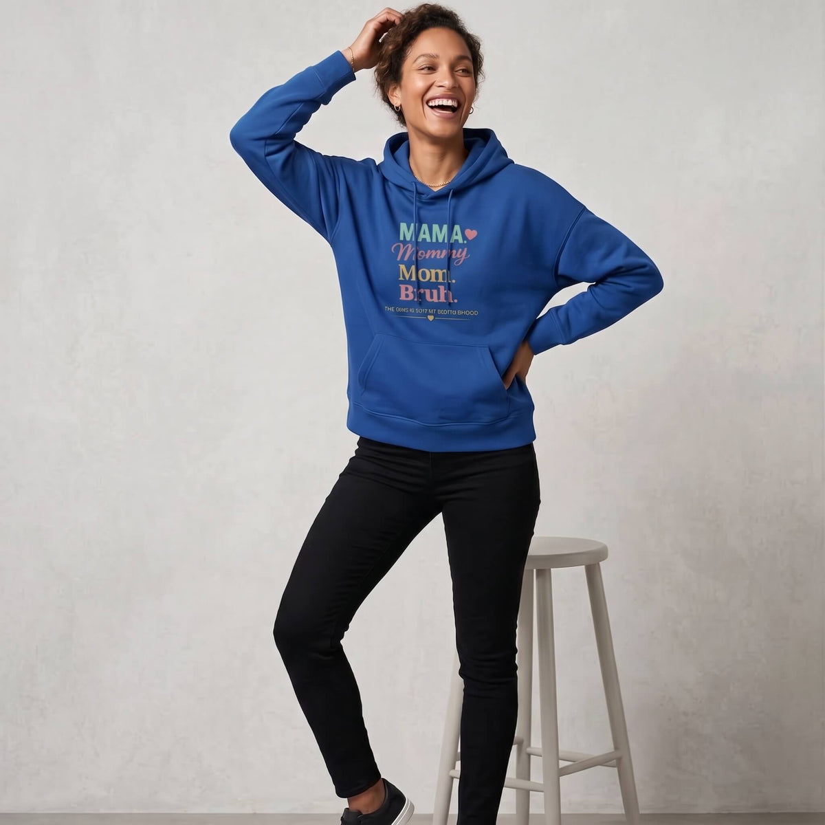 Kiksy royal blue mom hoodie featuring the print Evolution of Motherhood Mama Mommy Mom Bruh on soft fleece fabric.