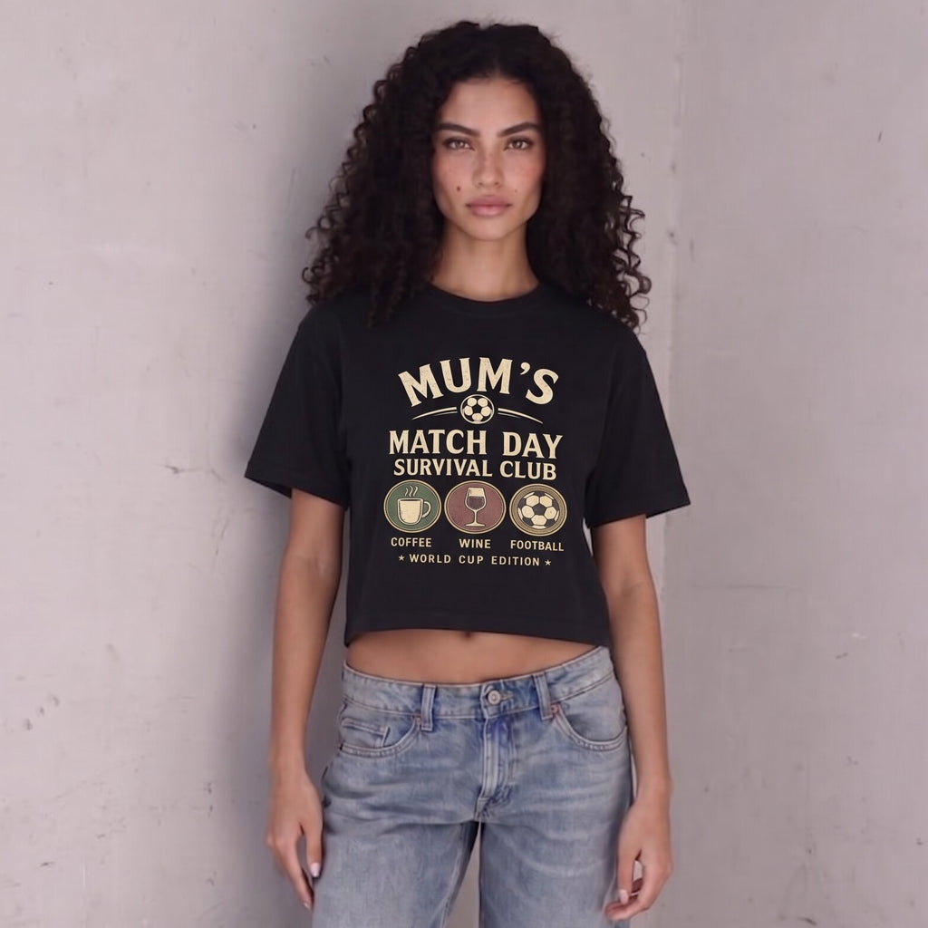 Kiksy black cropped t-shirt for women featuring a graphic print that reads Mum's Match Day Survival Club.