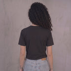 Kiksy black cropped t-shirt for women featuring a graphic print that reads Mum's Match Day Survival Club.