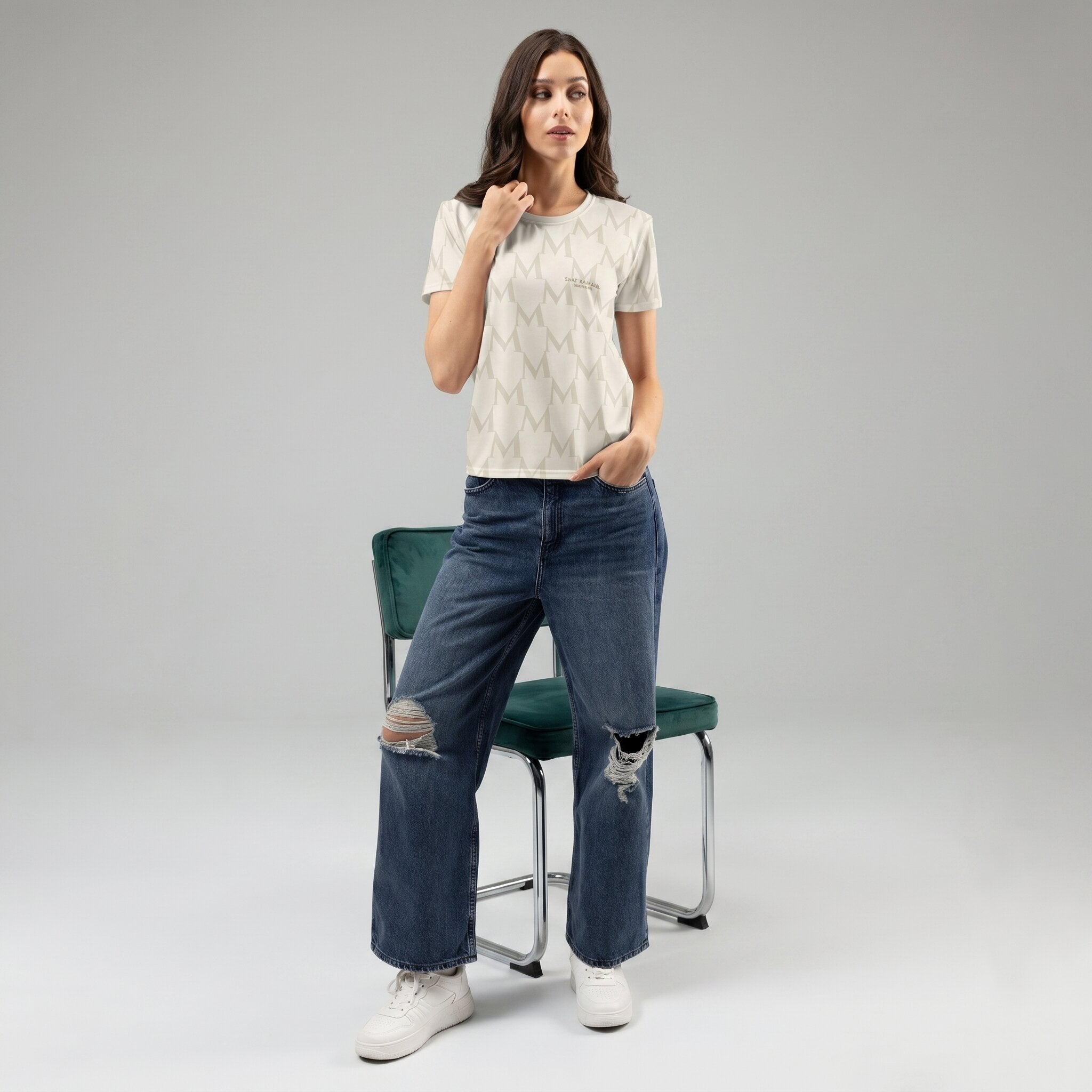 Kiksy twin mom printed crew neck women's t-shirt in cream featuring an all-over M pattern