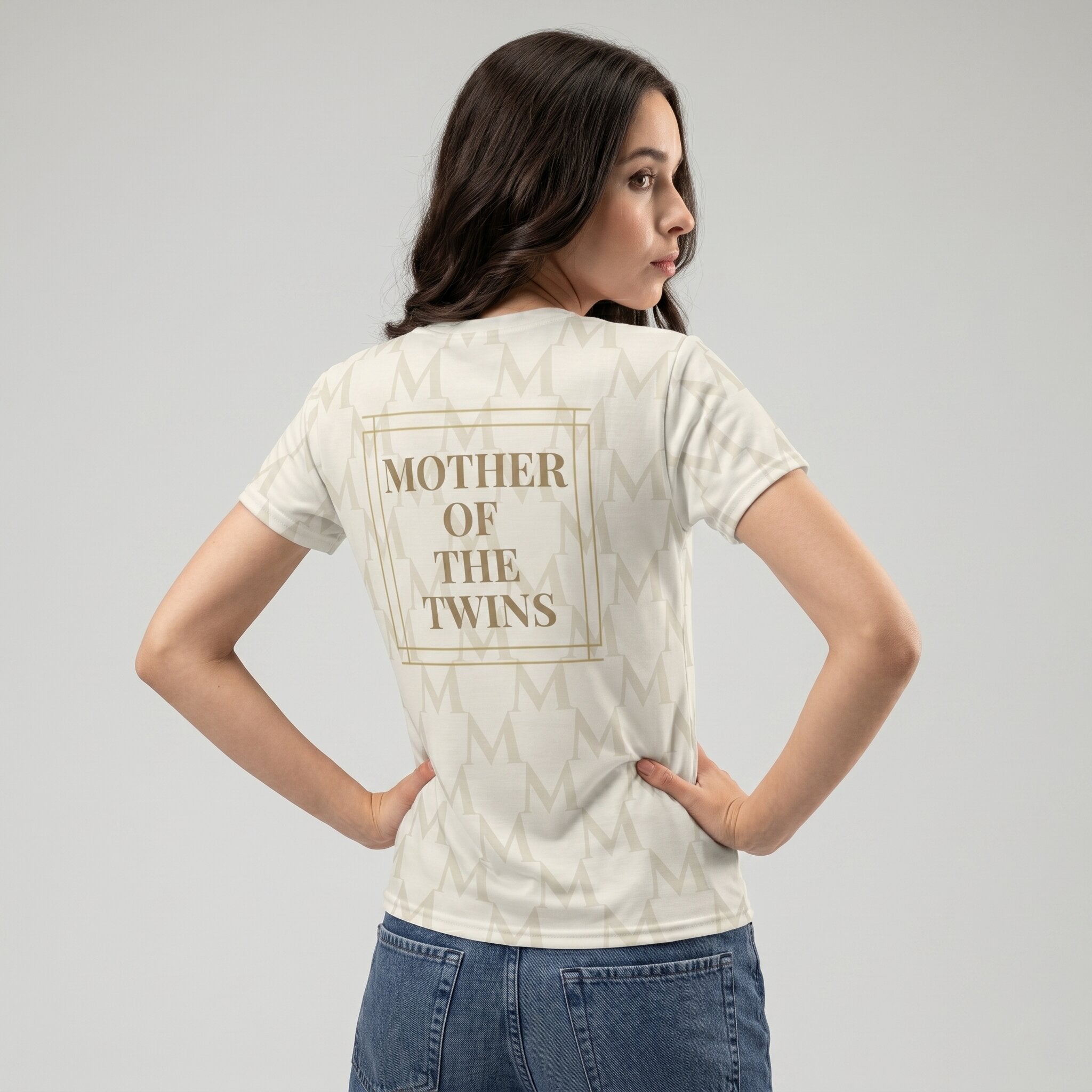 Kiksy twin mom printed crew neck women's t-shirt in cream featuring an all-over M pattern