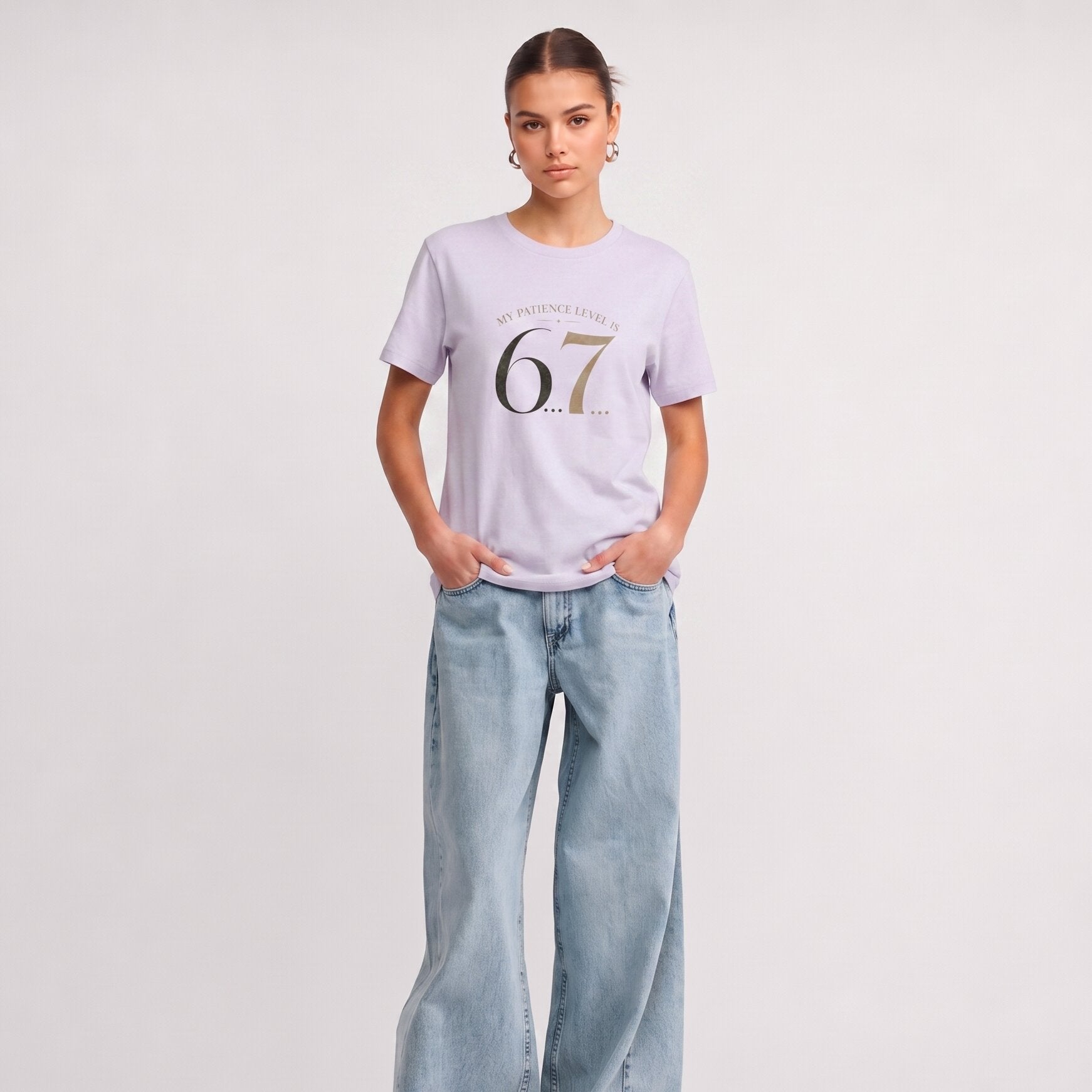 Kiksy My Patience Level is 6.7 lilac slogan t-shirt for women