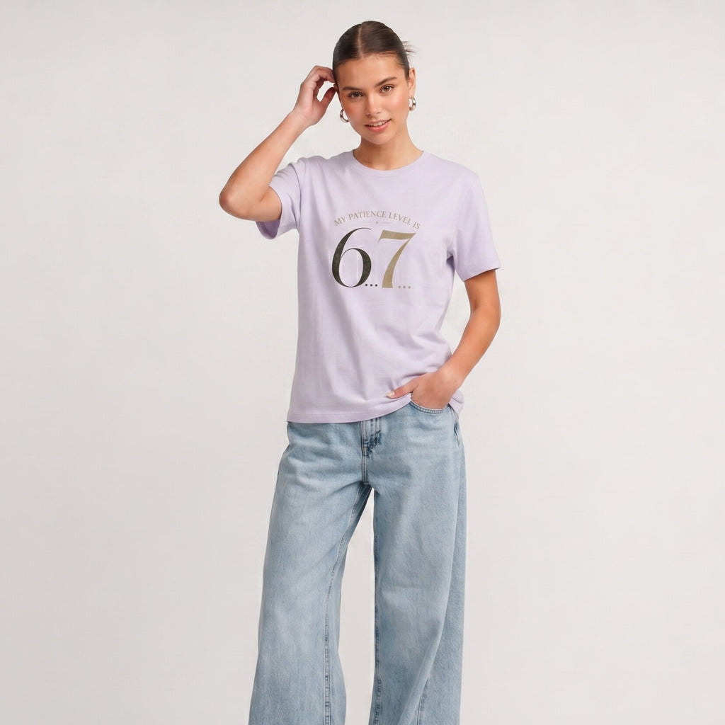 Kiksy My Patience Level is 6.7 lilac slogan t-shirt for women