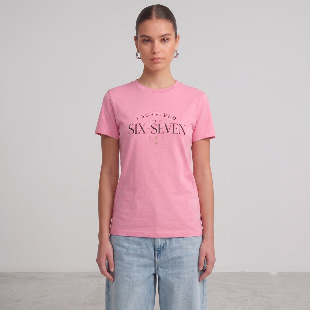 Kiksy women's pink organic cotton t-shirt with I Survived the Six-Seven Era