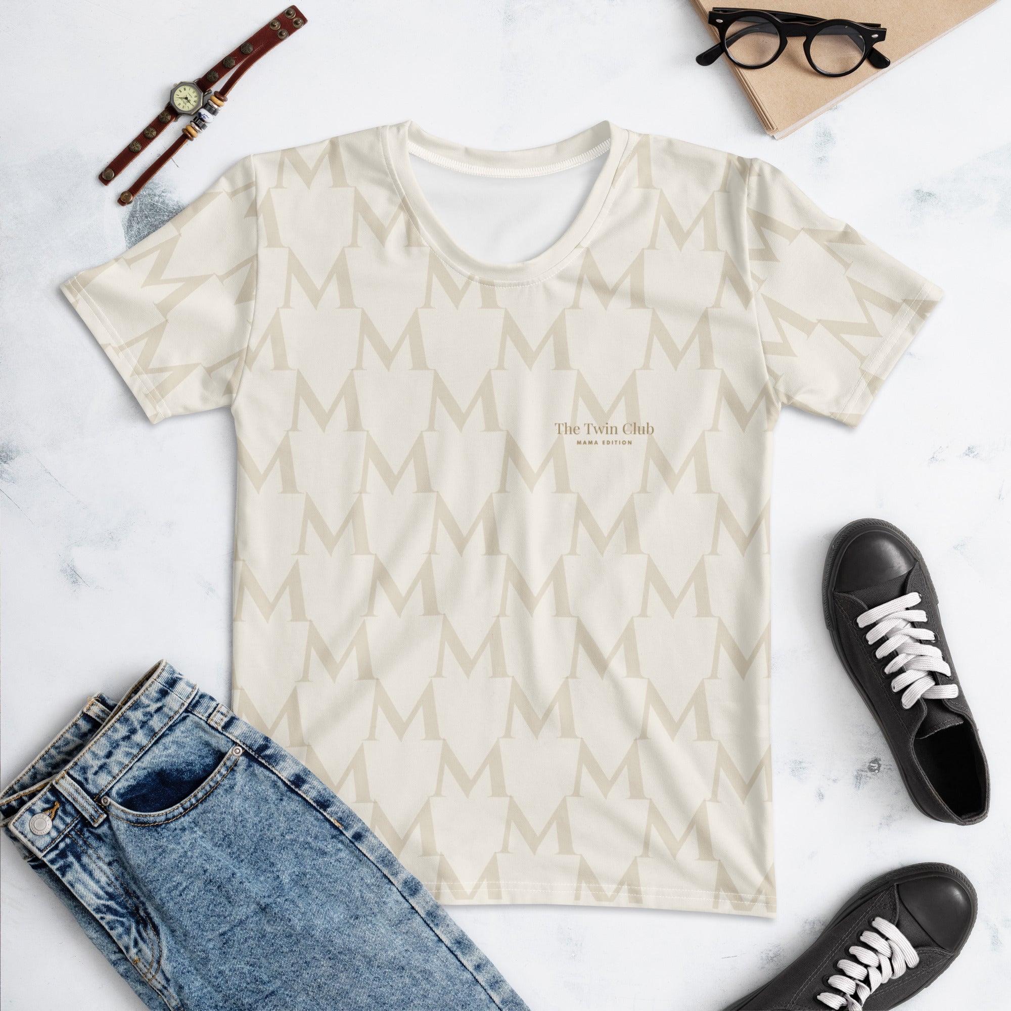 Kiksy twin mom printed crew neck women's t-shirt in cream featuring an all-over M pattern