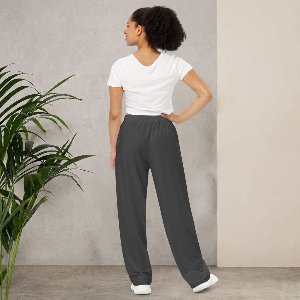 Kiksy graphite wide leg joggers featuring a white square Mama patch on the front, shown in graphite-wide-leg-joggers-mama-front.jpg