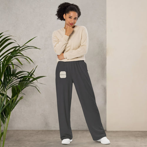 Kiksy graphite wide leg joggers featuring a white square Mama patch on the front, shown in graphite-wide-leg-joggers-mama-front.jpg