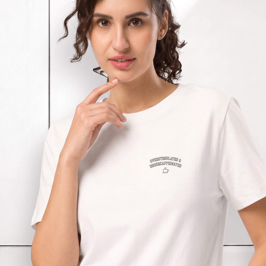 Kiksy white slogan t-shirt reading Overstimulated and Undercaffeinated