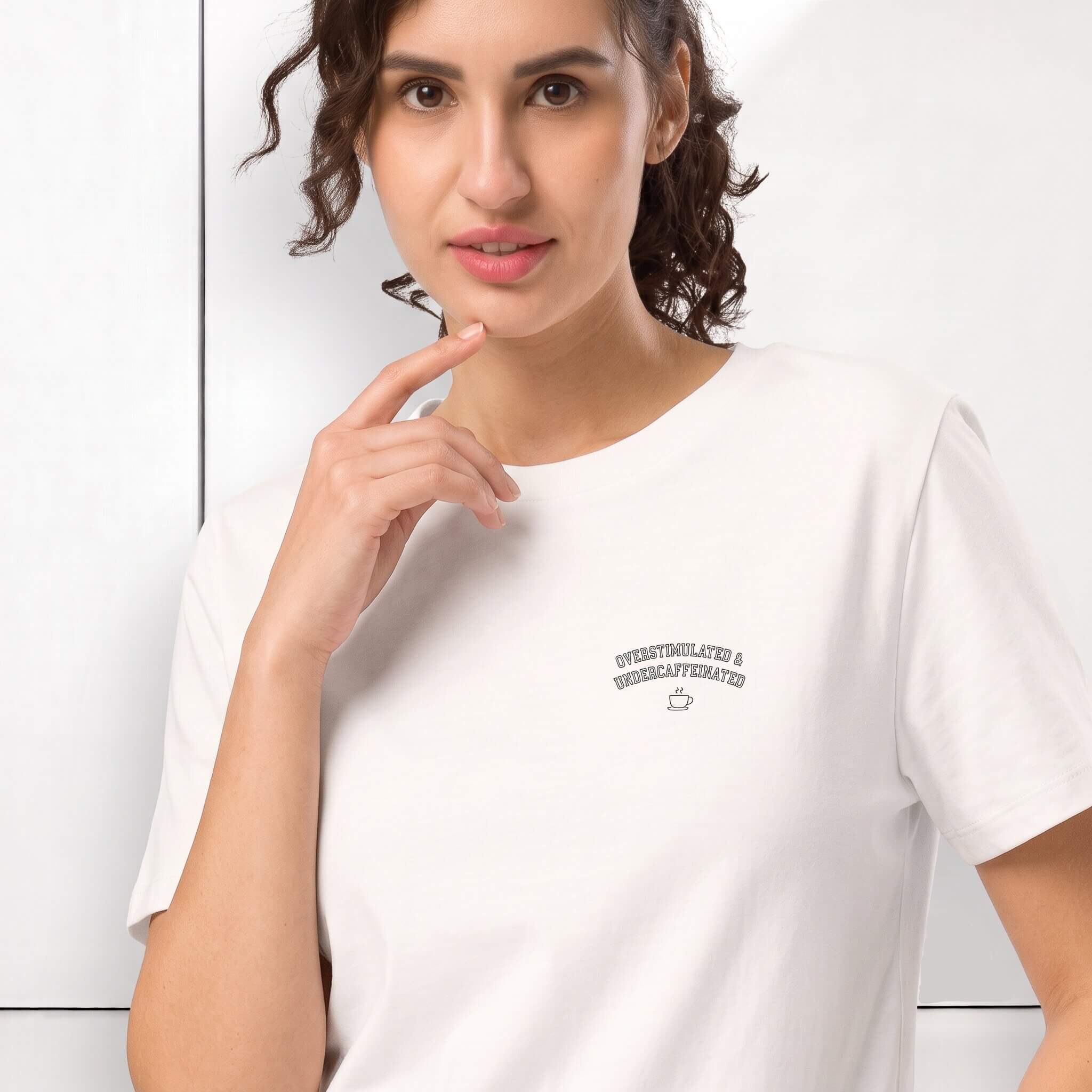 Kiksy white slogan t-shirt reading Overstimulated and Undercaffeinated