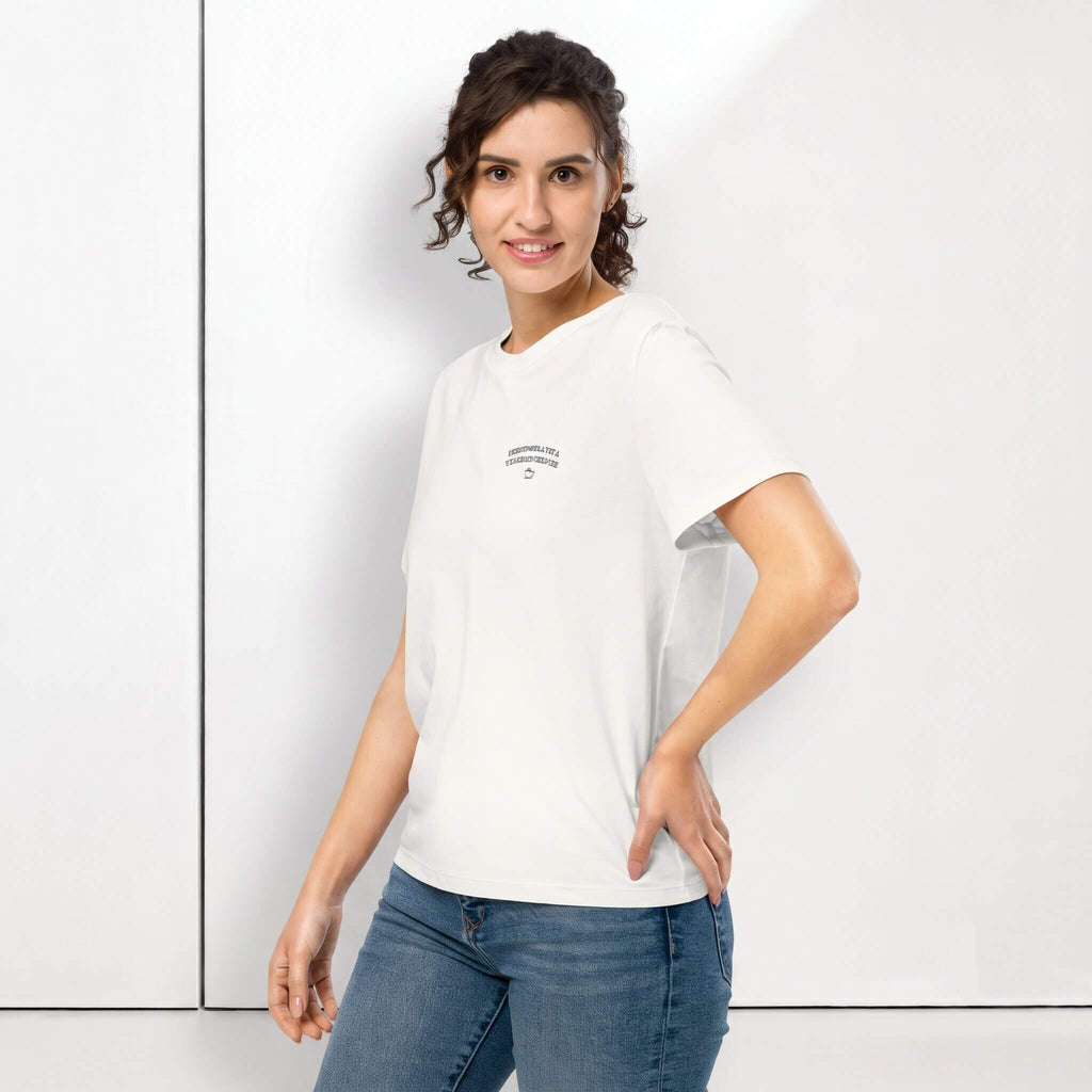 Kiksy white slogan t-shirt reading Overstimulated and Undercaffeinated